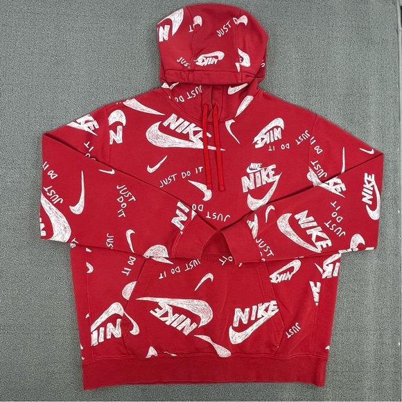 Nike Other - Nike Hoodie Adult Extra Large Red All Over Print Swoosh Fleece Pullover Men